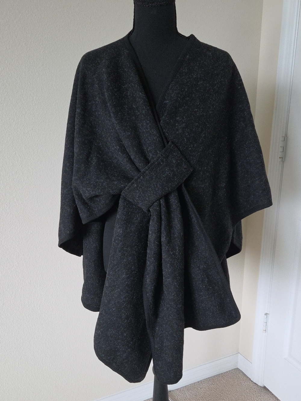 Women's Black Draped Wrap Cape with Knot Detail
